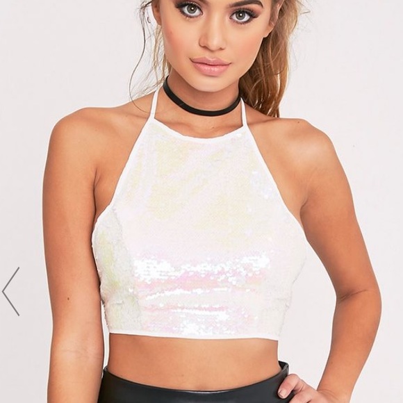 white sequin halter top